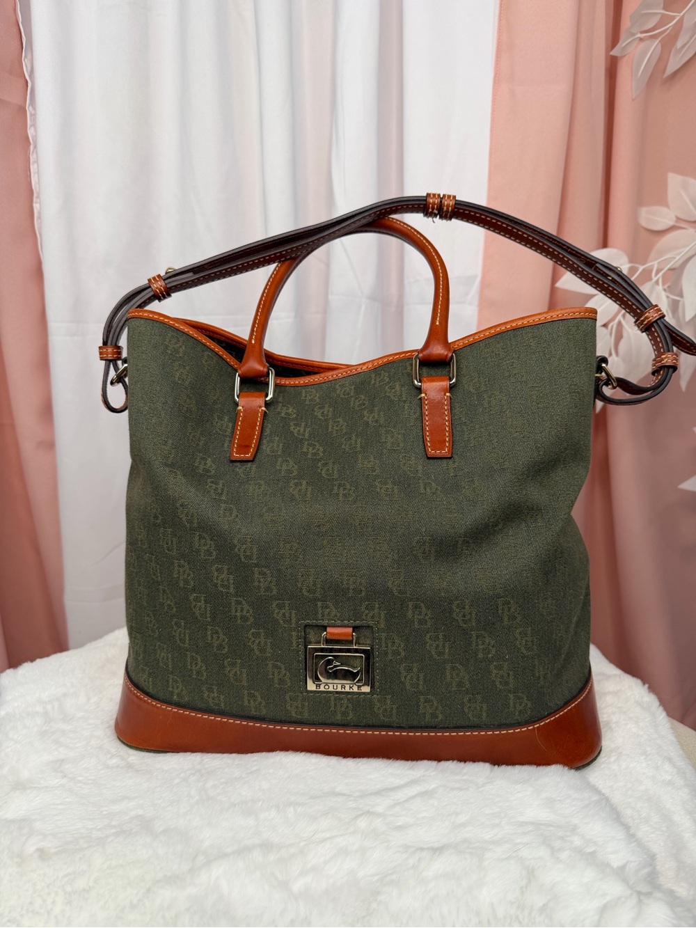Vintage Dooney & Bourke Olive Green DB Monogram Tote Shoulder Bag